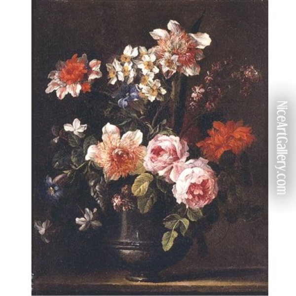 Still Life Of Roses, Carnations, Chrysanthemums, Carcissi, Morning Glory And Other Flowers In A Pewter Urn Resting On A Ledge Oil Painting - Jean-Baptiste Monnoyer