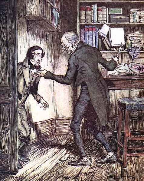 Scrooge and Bob Cratchit, from Dickens A Christmas Carol Oil Painting - Arthur Rackham