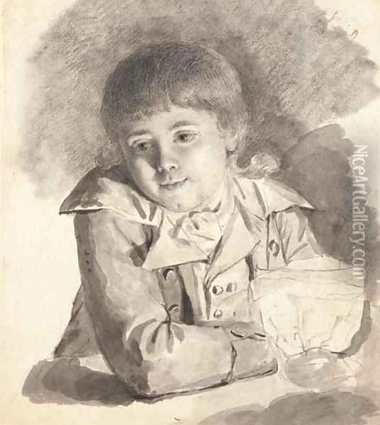 A seated boy holding a candle wrapped in paper Oil Painting - French School