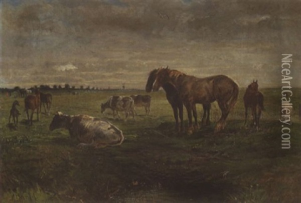 Kuhe, Pferde Und Ein Schaf Auf Der Weide Oil Painting - Albert Heinrich Brendel