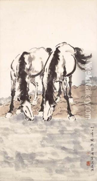 Two Horses Oil Painting - Xu Beihong