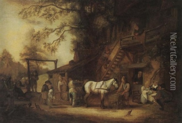 Figures Loading Barrels On A Wagon Outside A Country Inn Oil Painting - Isaac Van Ostade