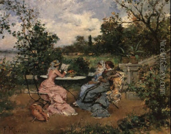 Reading In The Garden Oil Painting - Francisco Miralles y Galup