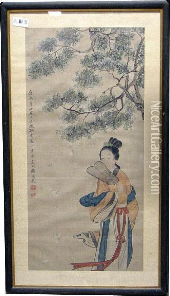 Framed And Glazed, Ink And Color On Silk; Depicting A Lady With A Fan Standing Beneath A Tree Oil Painting - Gu Jianlong