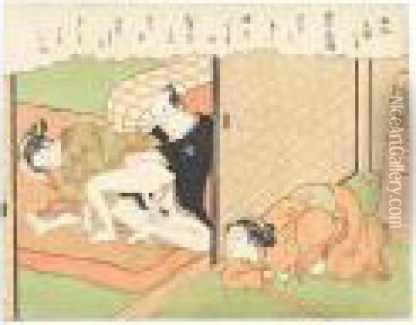 An Old Woman Crouched Behind A Fusuma Spying On A Young Couple Making Love Oil Painting - Suzuki Harunobu