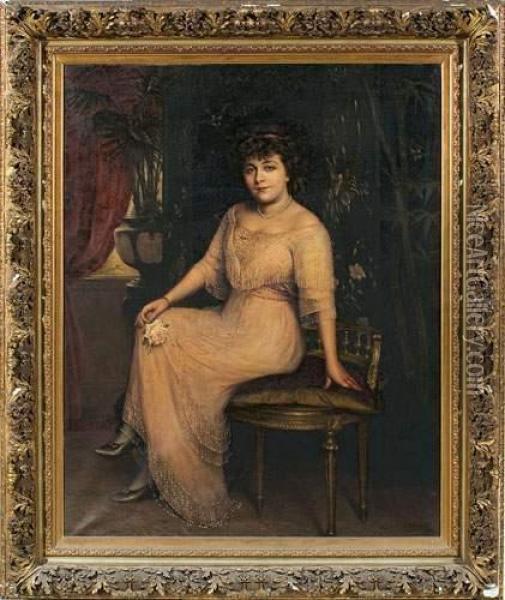 Portrait De Femme A La Rose. Oil Painting - Agapit Stevens