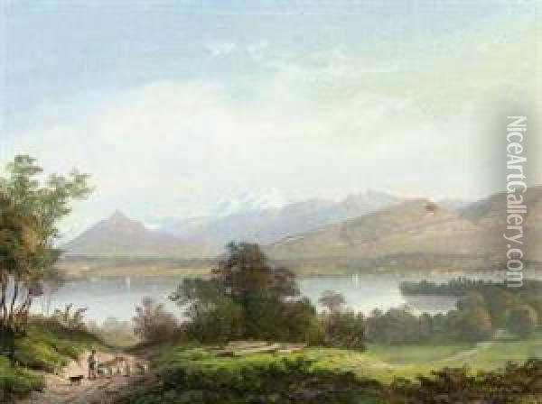 A Shepherd Guiding The Flock Home On The Shores Of Lake Geneva Oil Painting - Luc Henri Mottu