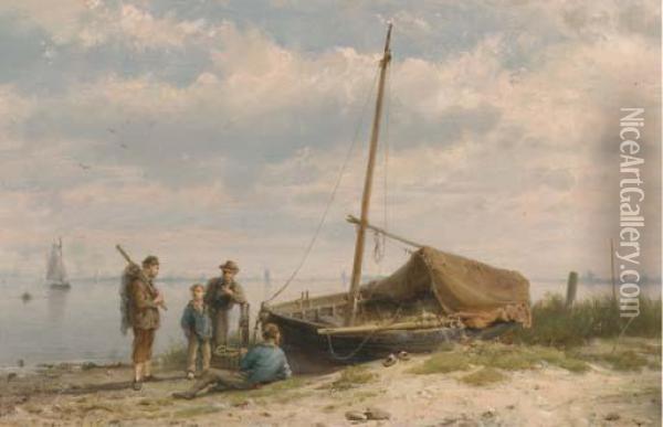 Fishermen Along A Shoreline Oil Painting - Hermanus Koekkoek