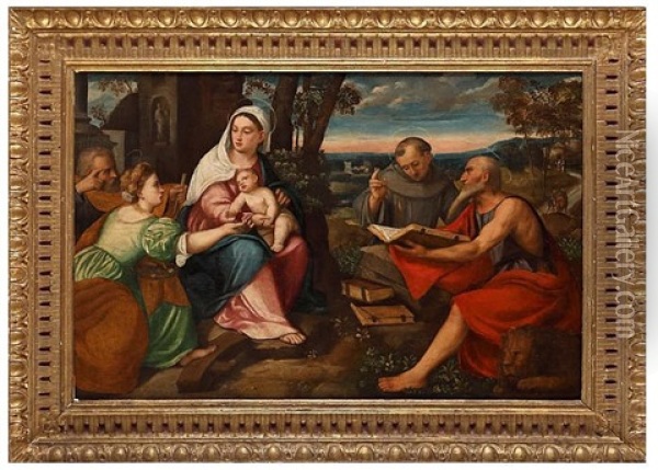 Holy Family With The Saints Jerome, Anthony Of Padua And Catherine Of Alexandria Oil Painting - Bonifazio de Pitati