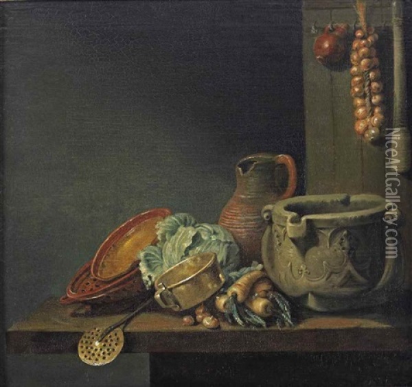 Earthenware Vessels, A Cabbage, Parsnips, Onions, A Copper Pot With A Stone Mortar, An Earthenware Jug, A Straining Ladle On A Wooden Table, With A Pestle, Onions And A Small Earthenware Jug Hanging On The Wall Behind Oil Painting - Hubert van Ravesteyn
