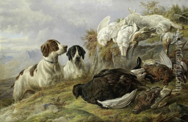 Two Pointers With Dead Game In A Highland Landscape Oil Painting - Charles Jones