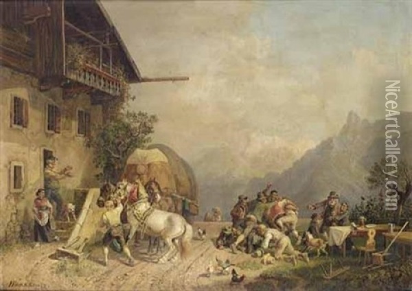 Rauferei Vor Einem Wirtshaus (brawl By An Inn) Oil Painting - Heinrich Buerkel