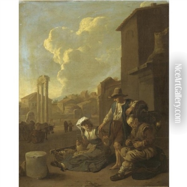 A Roman Street Scene, With A Peasant Family Eating And Drinking, The Campo Vaccino Beyond Oil Painting - Johannes Lingelbach