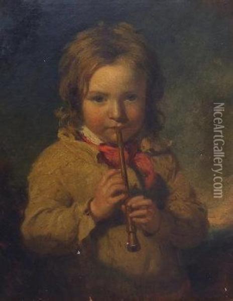 Portrait Of A Boy Playing A Recorder Oil Painting - James John Hill