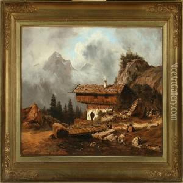 Scenery From The Alps With Persons At A Cabin Oil Painting - Georg Emil Libert
