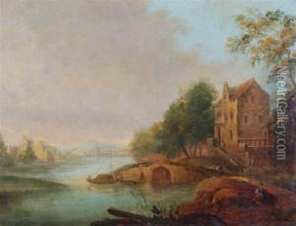 A Continental River Scene With Figures By A Grand House. Signed Oil Painting - Simon Mathurin Lantara