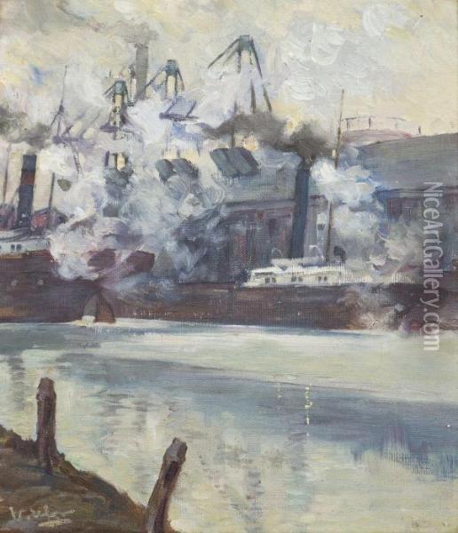 Steam Ships In The City Oil Painting - Walter Ufer