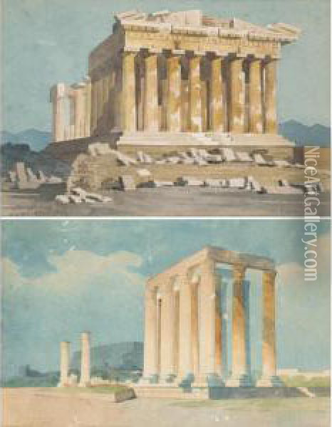 A View Of The Acropolis &amp; A View Of The Temple Of Olympus Zeus Oil Painting - Giovanni Giordano Lanza