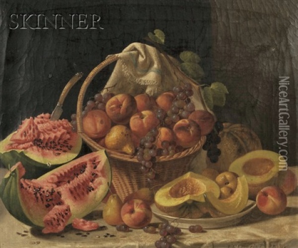 Elaborate Still Life With Melons And Fruit On A Marble Slab Oil Painting - John F. Francis