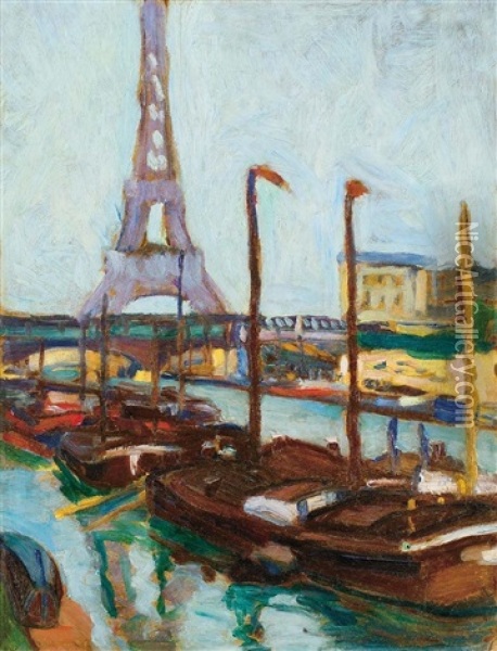 Ships On The Seine Oil Painting - Erwin Kormendi-Frim