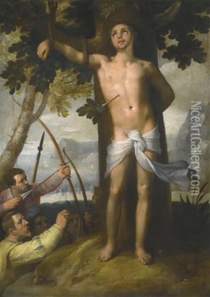 The Martyrdom Of Saint Sebastian Oil Painting - Cornelis Cornelisz Van Haarlem