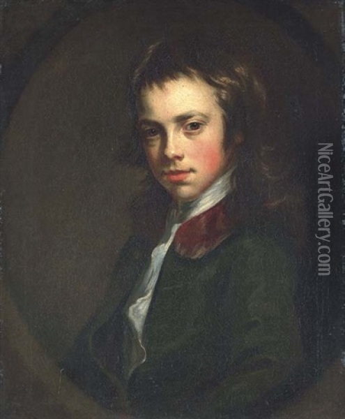 Portrait Of A Boy In A Green Coat With A Fur Collar Oil Painting - Nathaniel Hone the Elder