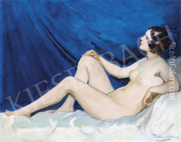 Young Girl (nude With Blue Drapery) Oil Painting - Janos Thorma