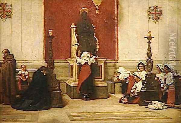 Pilgrims at the foot of the statue of Saint Peter Oil Painting - Leon Bonnat