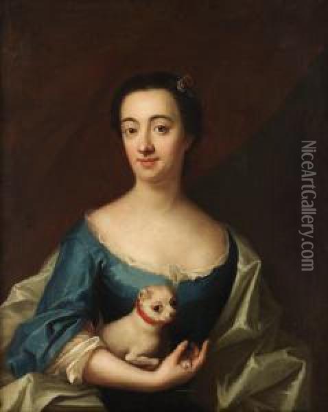 Portrait With A Lady With Lapdog Oil Painting - Johan Henrik Scheffel