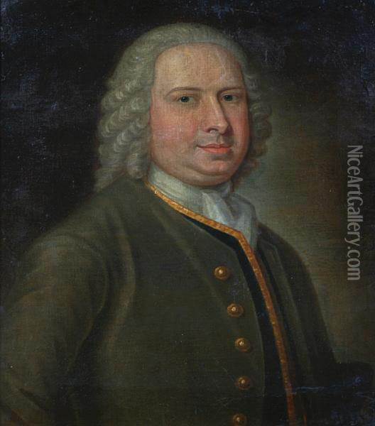 A Portrait Of A Gentleman Wearing Greenjacket, Stock And Wig, Bust Length Oil Painting - Thomas Hudson