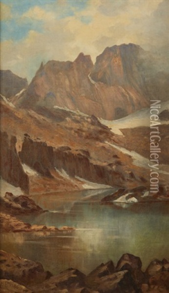 Snow Covered Mountain Landscape With Lake Basin Oil Painting - Meyer Straus