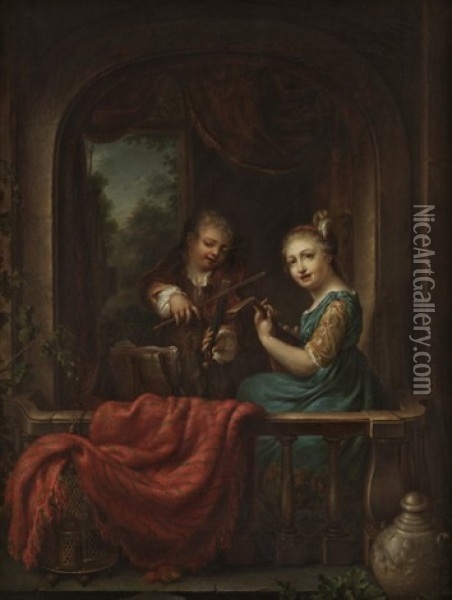 Musizierendes Kinderpaar Auf Einem Balkon Oil Painting - Philip van Dyk