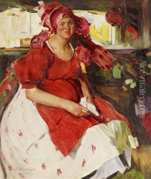 Woman In A Red Dress Oil Painting - Filip Malyavin
