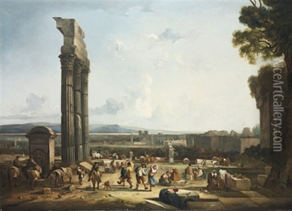 An Extensive Capriccio Landscape With Peasants Oil Painting - Thomas Barker