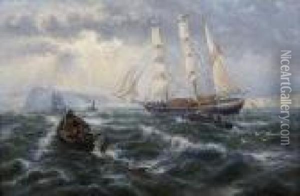 Fishing Boats In Stormy Seas Oil Painting - Thomas Rose Miles