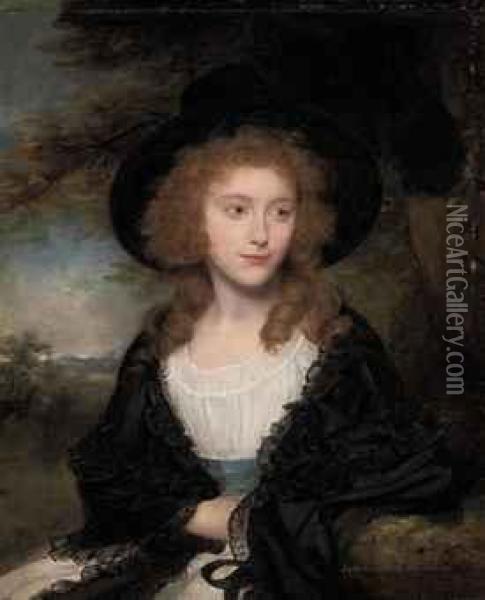 Portrait Of Lady Georgiana 
Beauclerk (1776-1791), Half-length, In Asilk Gown, With A Black Hat And 
Shawl, A Landscape Beyond Oil Painting - Sir William Beechey