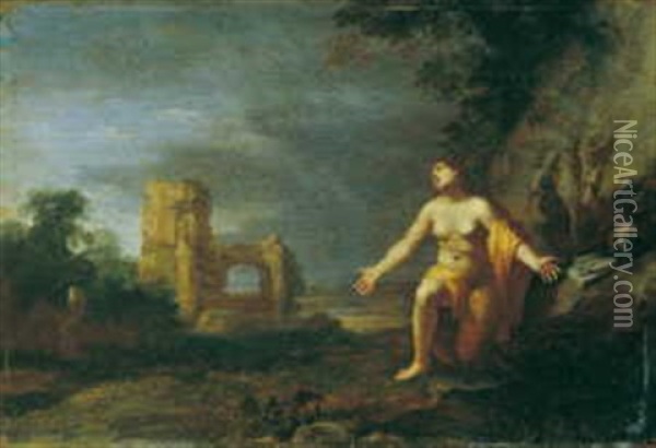 Landschaft Mit Der Bussenden Hl. Maria Magdalena Vor Romischen Ruinen Oil Painting - Cornelis Van Poelenburgh
