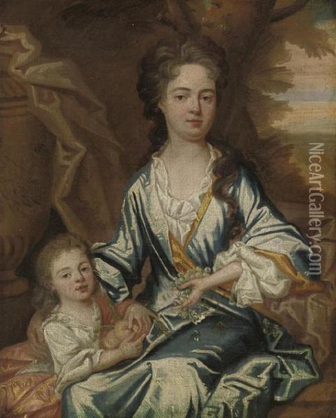 Portrait Of A Mother And Child, 
Three-quarter-length, The Former In A Blue Dress, Grapes In Her Left 
Hand; The Latter With A Pink Wrap, Holding Peaches, By An Urn, A 
Landscape Beyond Oil Painting - Sir Godfrey Kneller