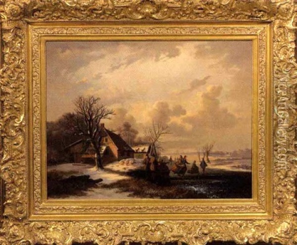 Skating On Pond Oil Painting - Jacob Jan van der Maaten