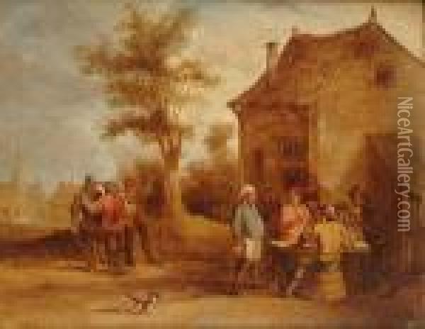 A Village With Peasants Drinking And Conversing Outside; Peasants Dancing Outside An Inn Oil Painting - David The Younger Teniers