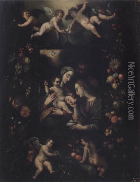 Heliga Familjen Omgiven Av Blomstergirlander Oil Painting - Jan Baptiste Brueghel