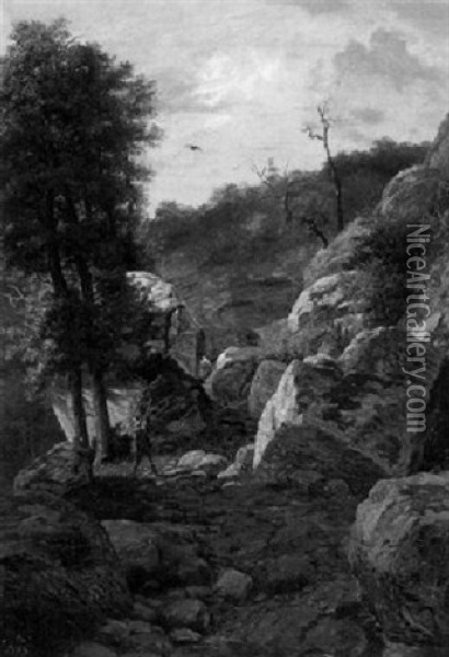 Jager Auf Bewaldetem Weg Im Gebirge Oil Painting - Johann Wilhelm Schirmer