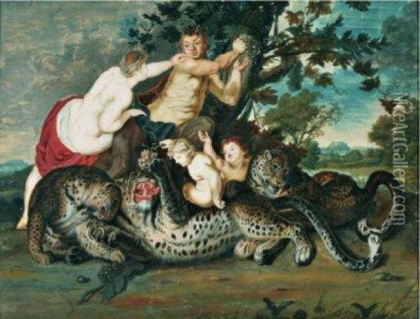 Leopards Avec Satyre Et Nymphe Oil Painting - Pierre Paul De Pommayrac