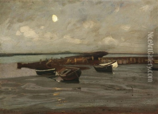Trocken Aufliegende Boote Im Wattenmeer. Mondschein Oil Painting - Eugen Gustav Duecker
