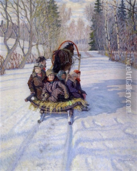 Jeunes Enfants Sur Le Traineau Oil Painting - Nikolai Petrovich Bogdanov-Bel'sky