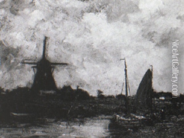 Sailing Barge Before A Windmill Oil Painting - Jacob Henricus Maris