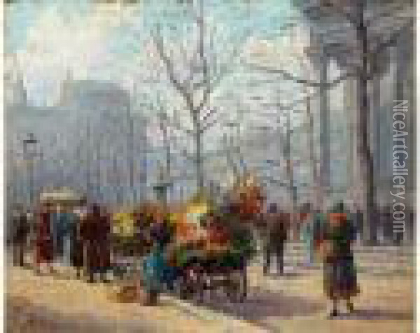 Marchand De Fleurs, Place De La Madeleine Oil Painting - Henri Malfroy