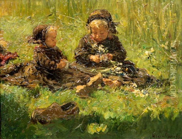 Veldbloemen (twee Kinderen In 't Gras) Oil Painting - Otto Willem Albertus Roelofs