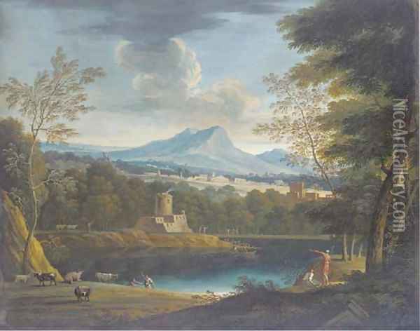 A classical landscape with a fortress on a lake, cattle in the foreground Oil Painting - Marco Ricci