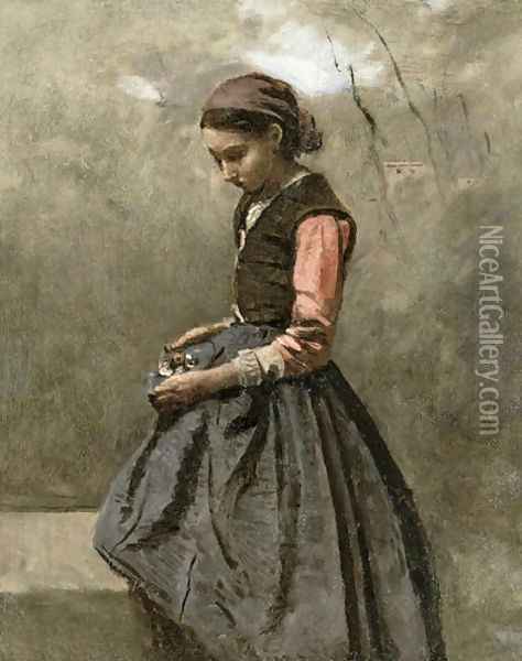 A Pensive Girl, c.1865 Oil Painting - Jean-Baptiste-Camille Corot